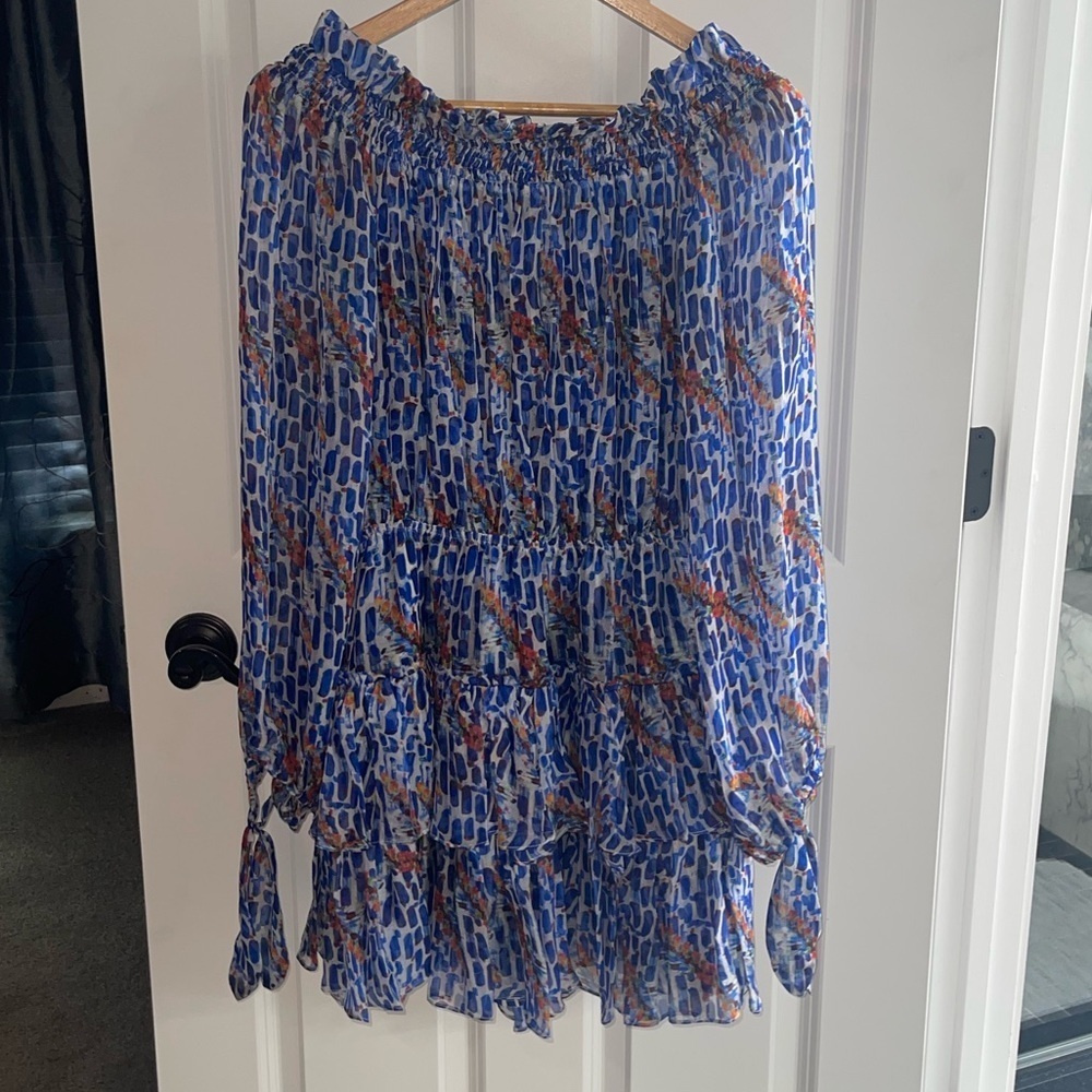 CAROLINE CONSTAS for INTERMIX Off-Shoulder Blue and Red Patterned Minidress Med - Picture 2 of 7